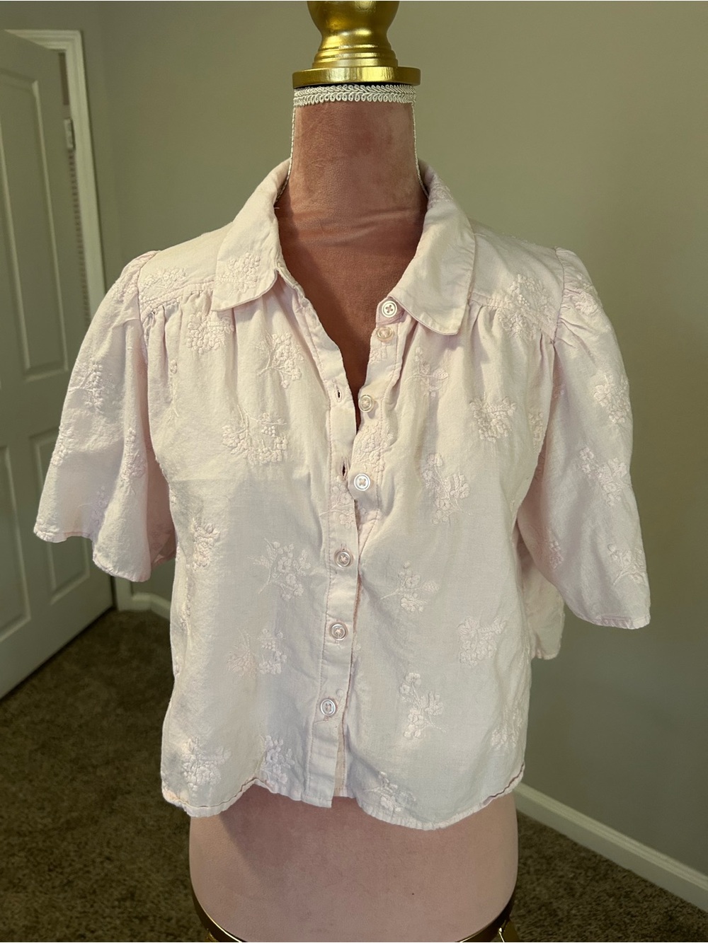 Light Pink Embroidered Short-Sleeve Button-Up Top